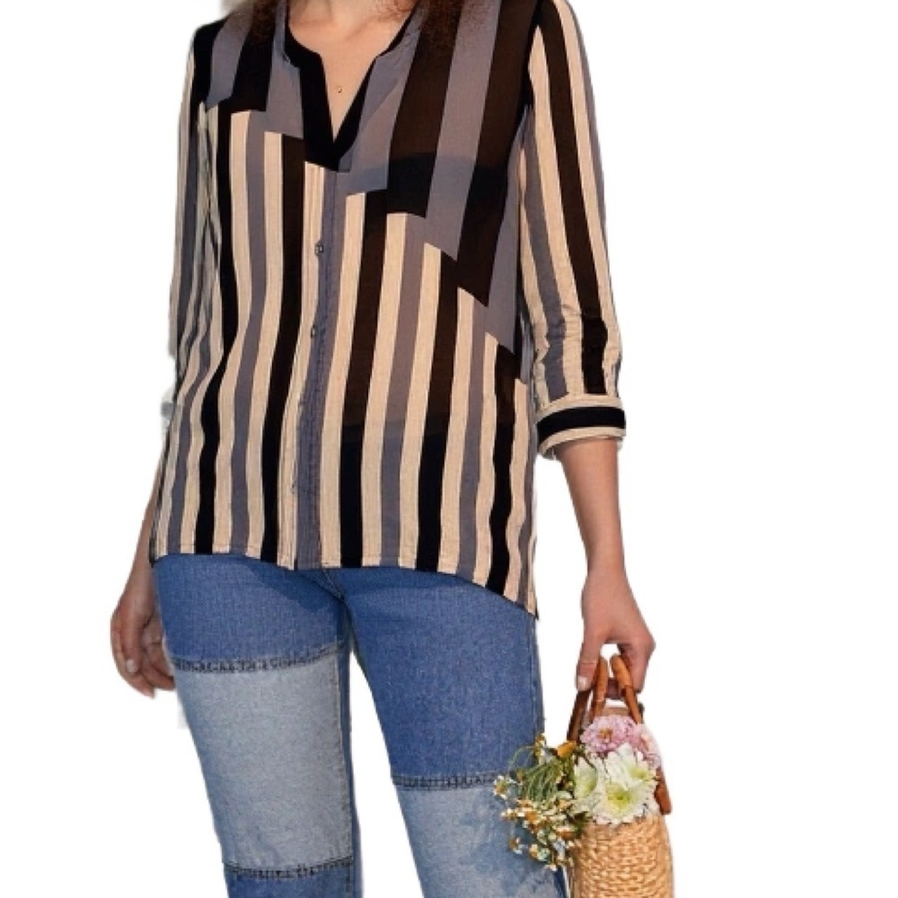 Aritzia Wilfred Classic Sheer Silk Stripe Blouse in Black, Tan & Grey Size XS